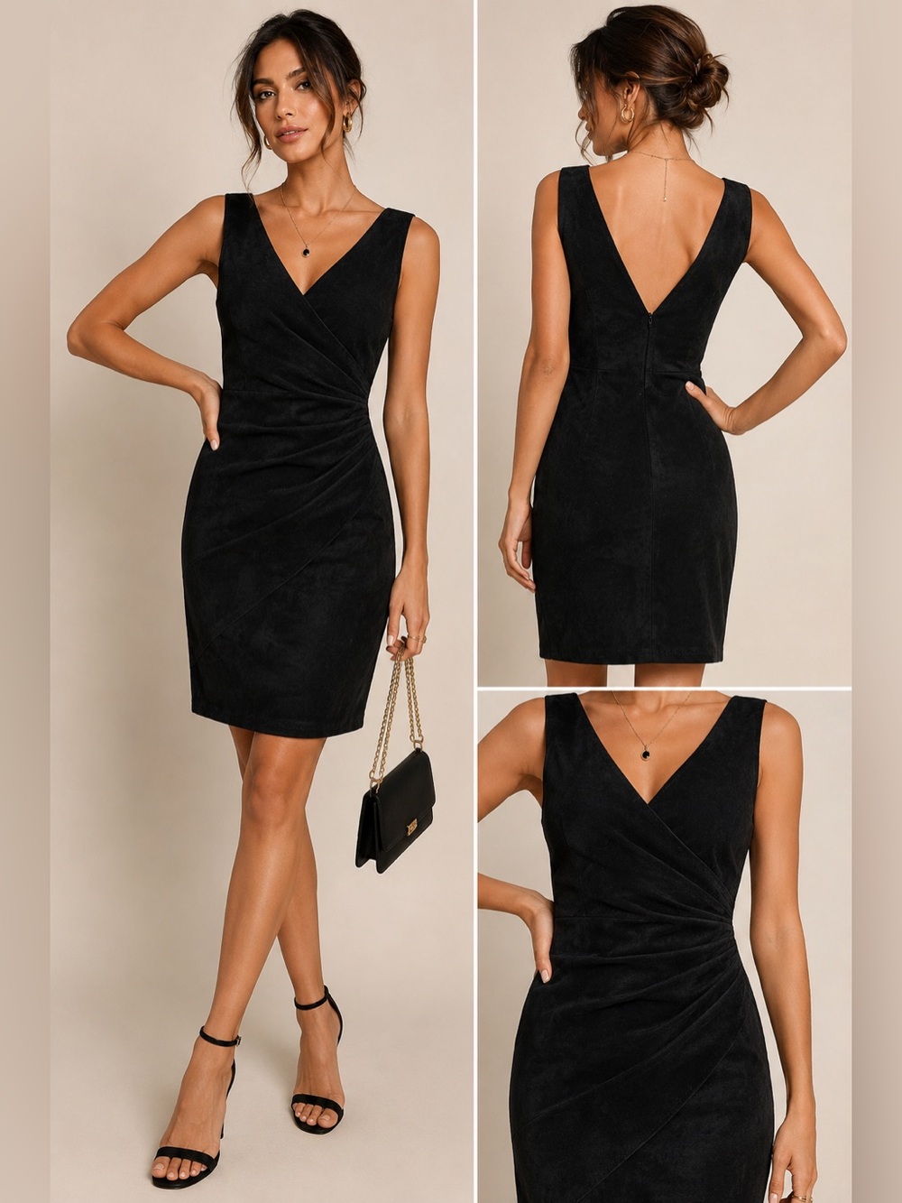 Wilsons Leather Large Black Suede Wrap Sheath Dress Vintage Sleeveless
